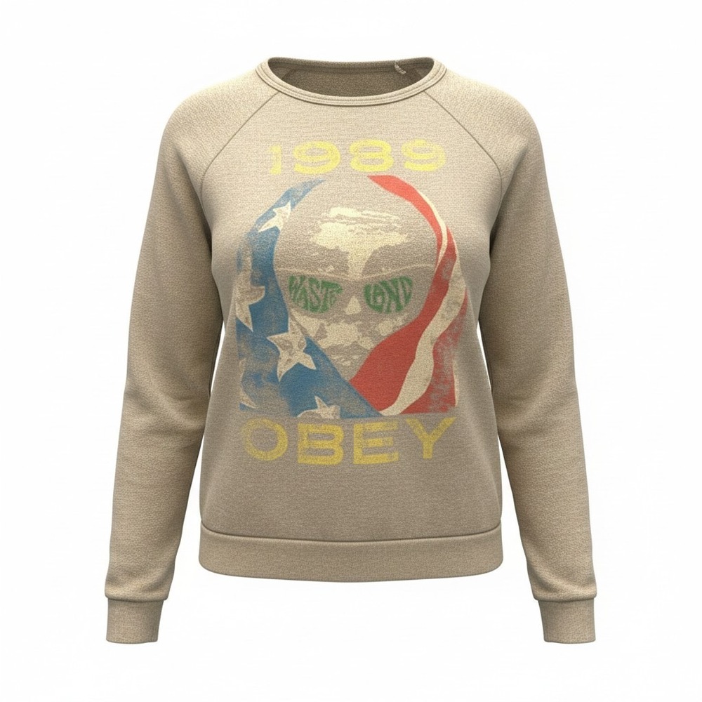 Obey 1989 Graphic Sweatshirt Womens XS Beige‎ Raglan Streetwear Pullover
